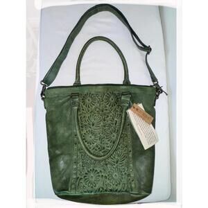 Old Trend Blossom Floral Green Satchel Tote Crossbody Purse Bag Leather Embossed